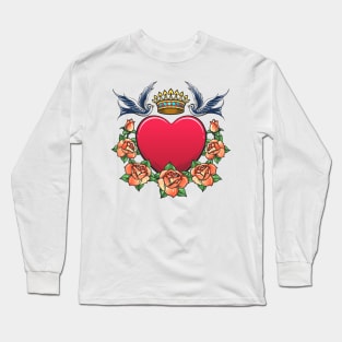 Heart with Crown swallows and rose Wreath Tattoo Long Sleeve T-Shirt
